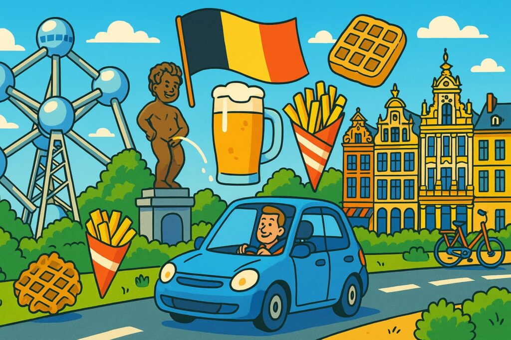 Voiture qui se balade en Belgique entouré de tous les lieux emblématiques
