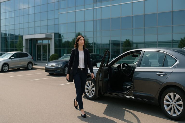 Femme qui sort sur le parking de son travail