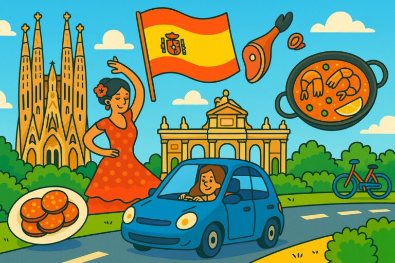 Voiture en espagne entourée de tous les emblèmes de l'Espagne